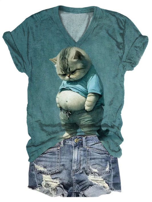 おもしろ猫プリントVネック半袖Tシャツ