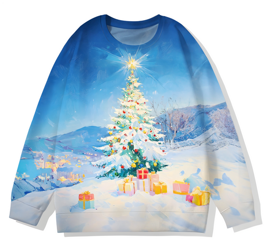 Winter Snow Scene Christmas Tree Printed Long Sleeve Casual Top