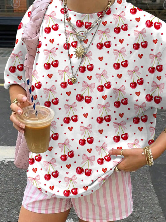 Cherry Bow Print Crew Neck T-shirt