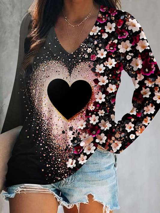 Colorful Floral Heart Print V-Neck Long Sleeve Top