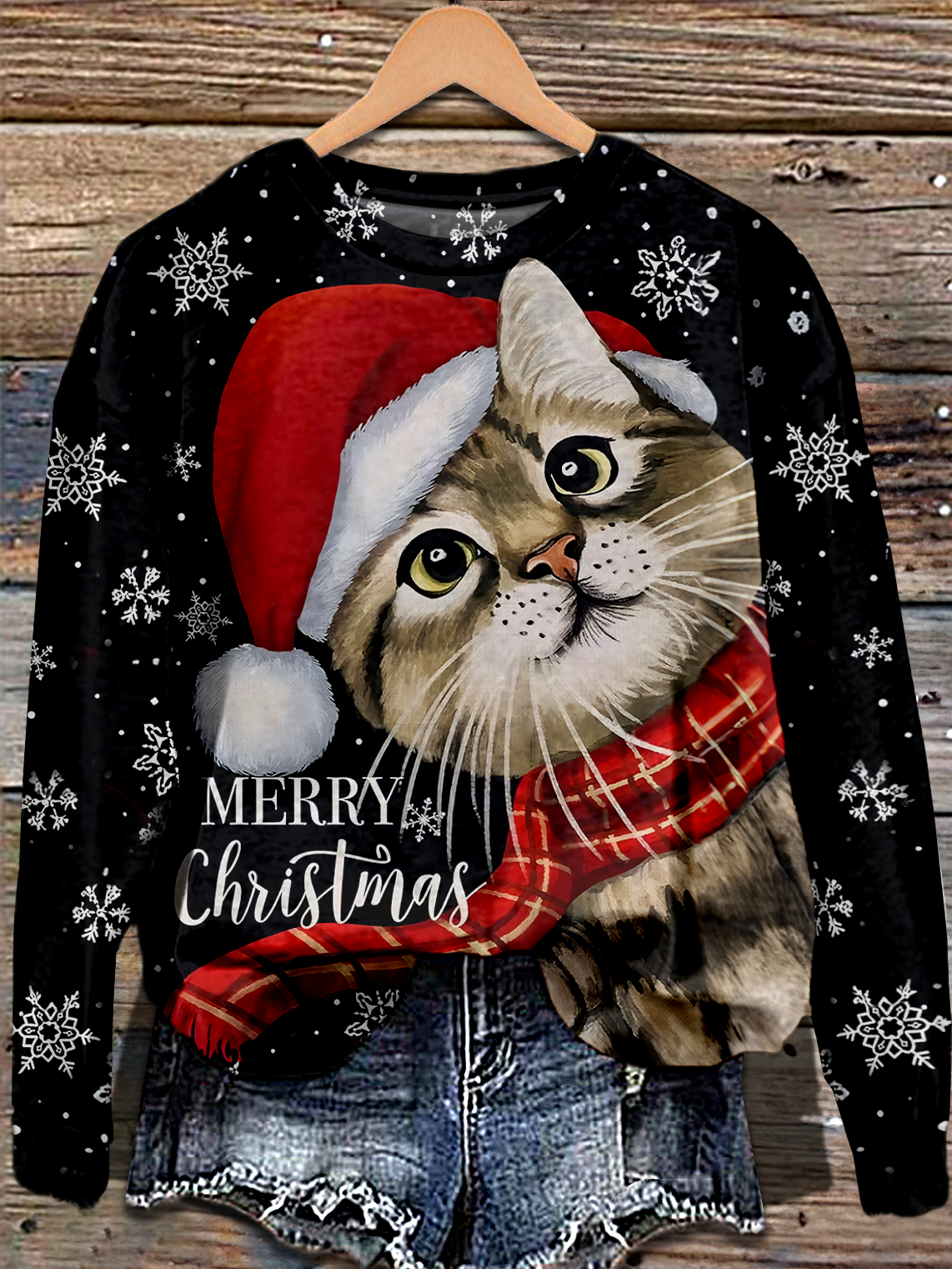 Retro Christmas Cat Printed Long Sleeve Casual Top