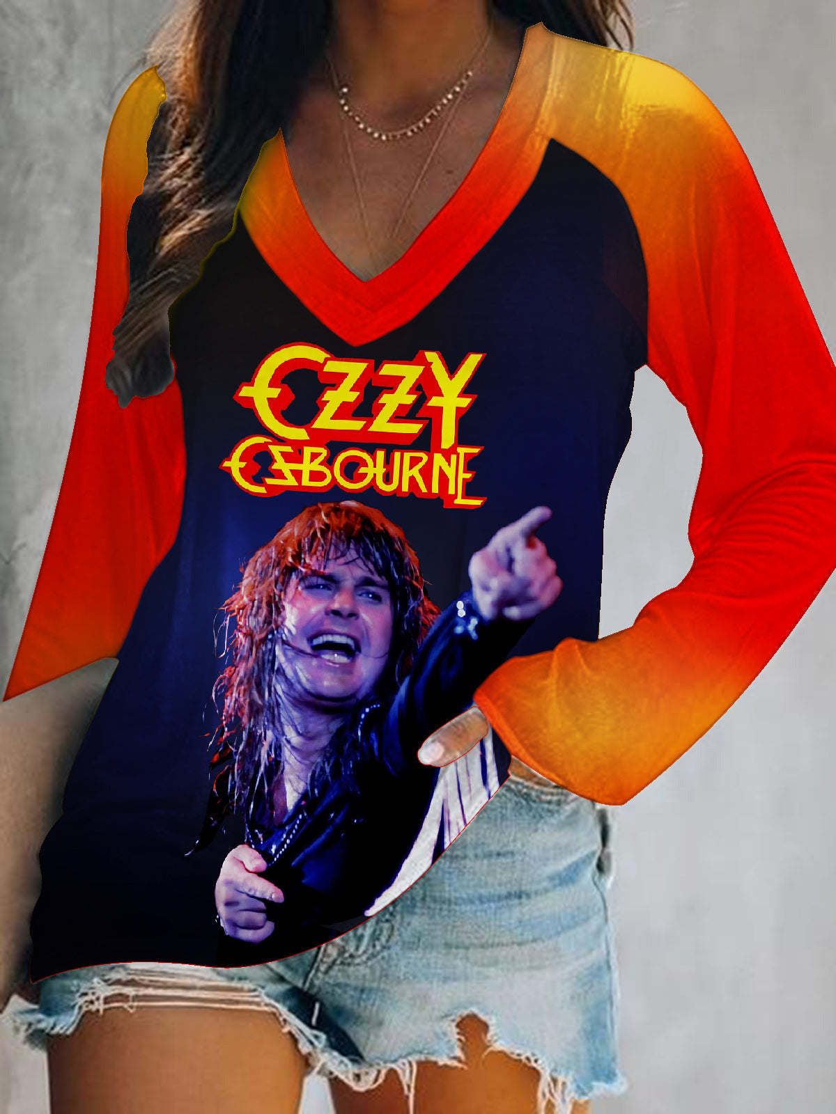 Ozzy Osbourne Print V-Neck Long Sleeve Top
