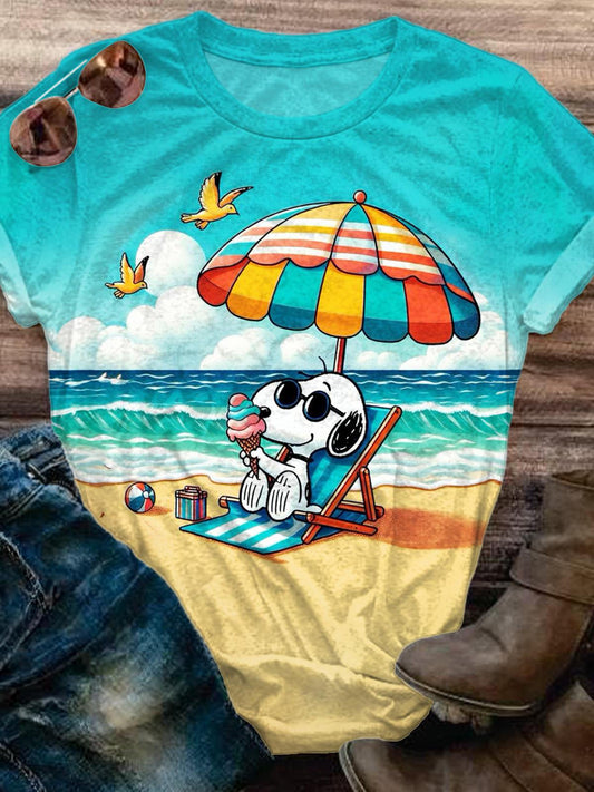 Cute Holiday Snoopy Printed Crew Neck T-shirt
