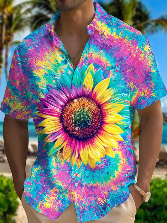 Men's Psychedelic Color Hippie Sunflower Short Sleeve Shirts