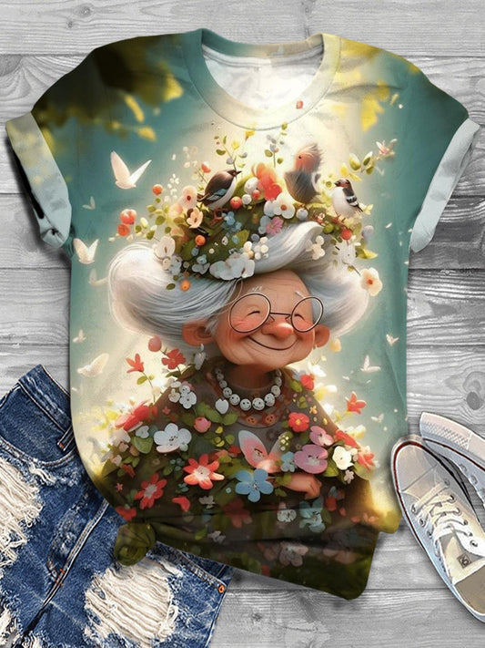 Flower Grandma Crew Neck T-shirt