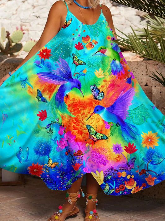 Rainbow Color Hummingbirds Butterflies Printed Casual Spaghetti Strap Dress