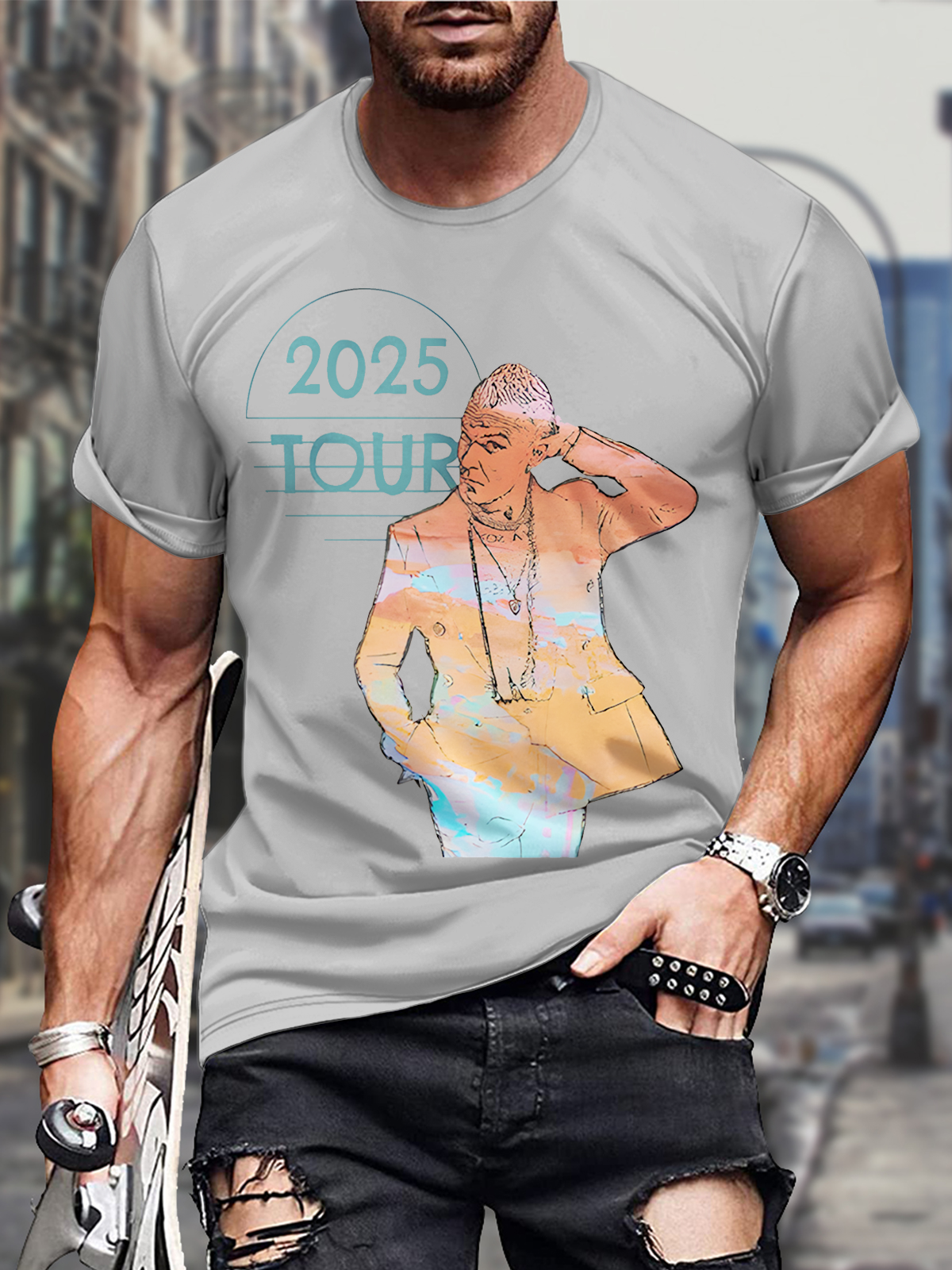 ロビー・ウィリアムズ風ラウンドネック半袖メンズTシャツ