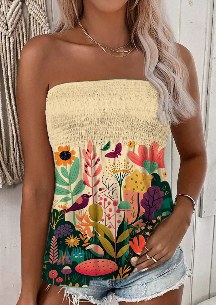 Flower Bird Printed Tube Top Tank Top