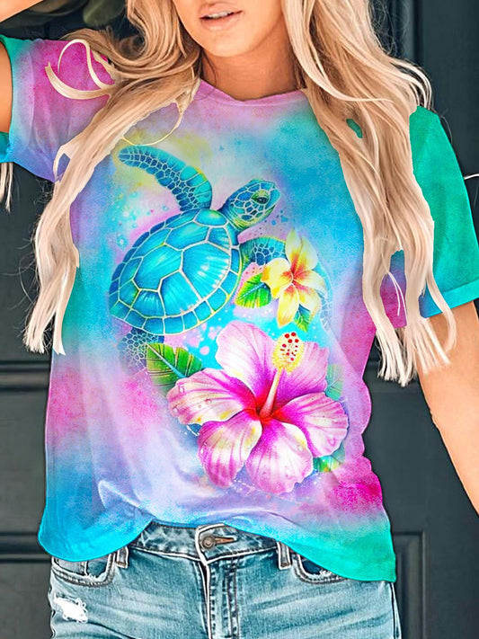 Holiday Flowers And Turtle Printed Crew Neck T-shirt