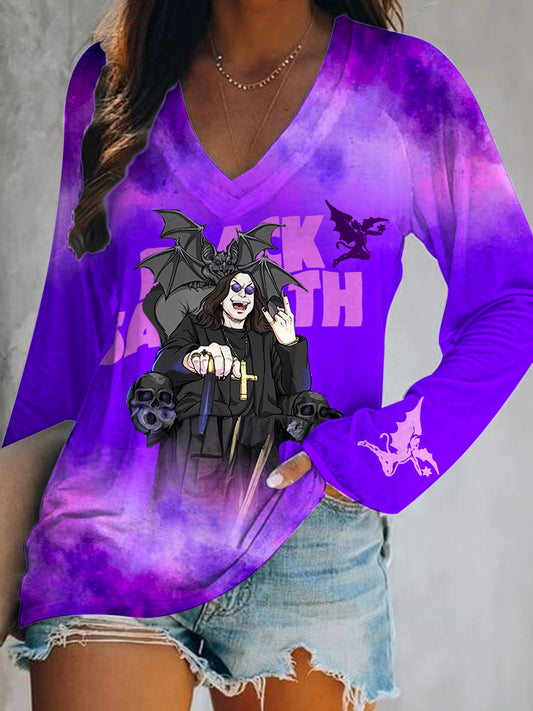 Ozzy Osbourne Print V-Neck Long Sleeve Top