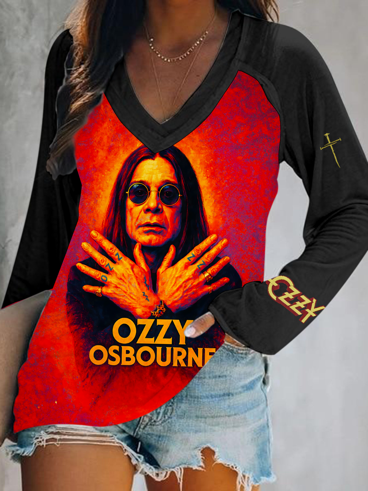 Ozzy Osbourne Poster Prince of Darkness Heavy Metal Print V-Neck Long Sleeve Top