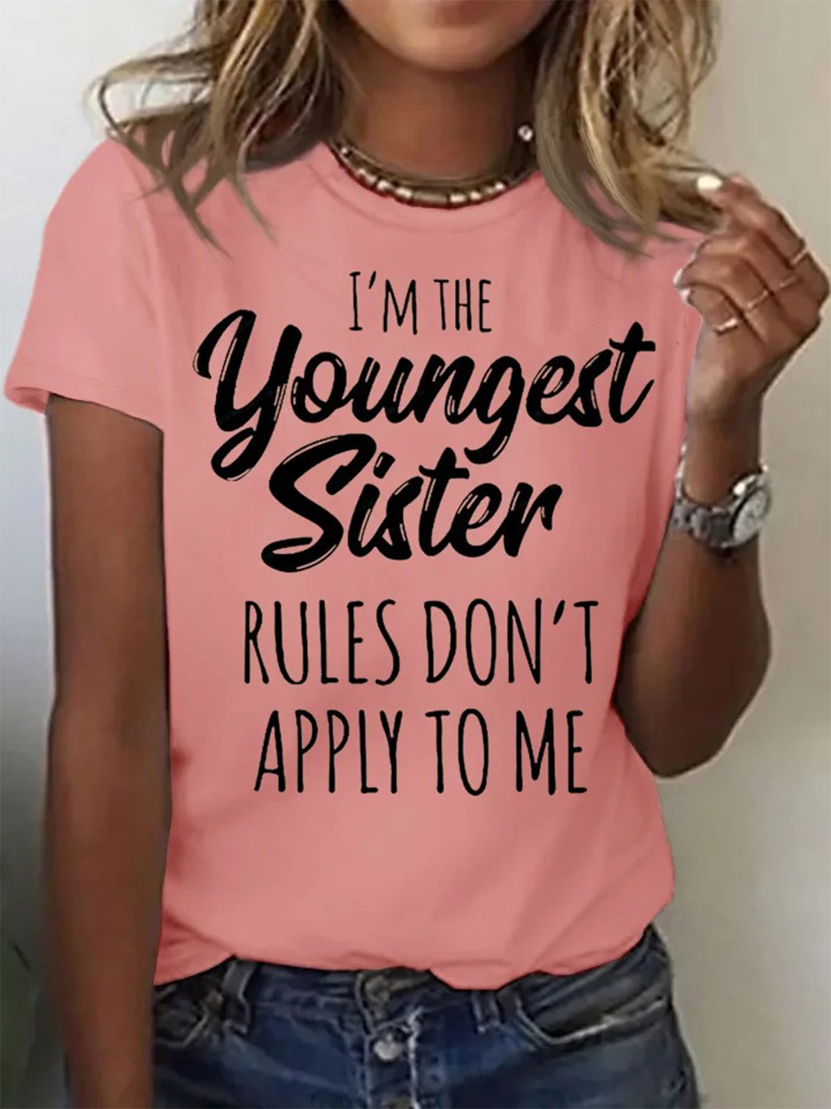 Youngest Sister Funny Letters Crew Neck T-shirt