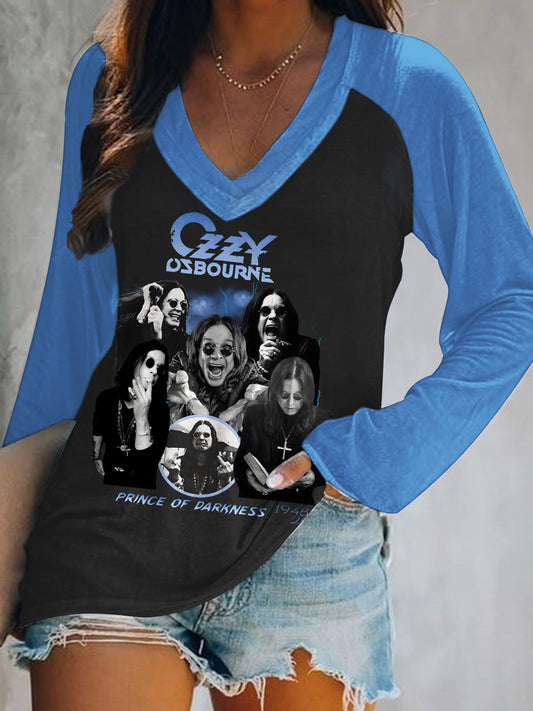 Ozzy Osbourne Print V-Neck Long Sleeve Top