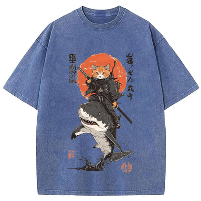 Japanese Frog Samurai Round Neck Washed T-Shirt