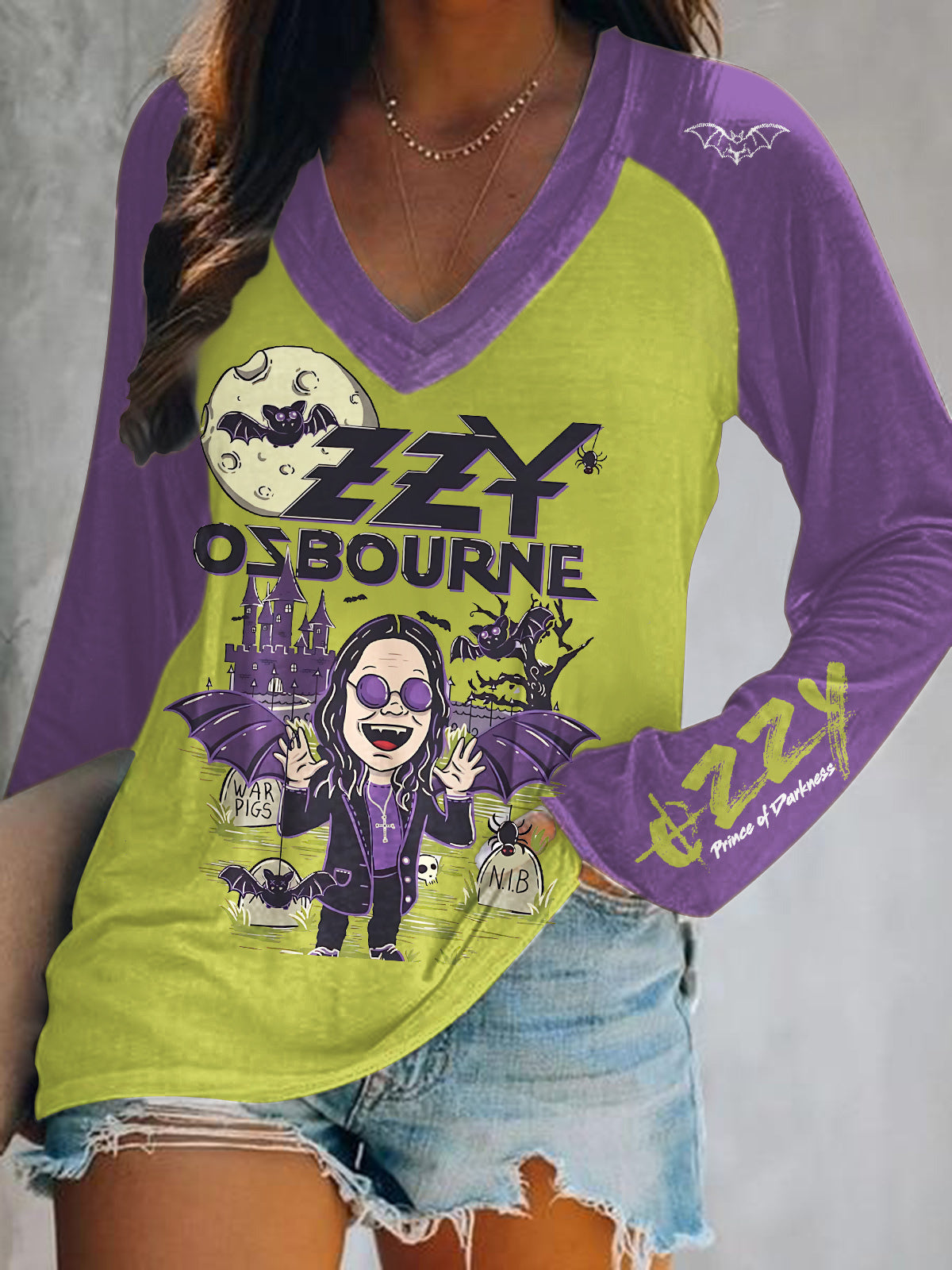Ozzy Osbourne Print V-Neck Long Sleeve Top