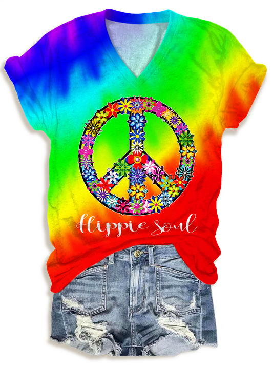 Colorful Tie-Dye Hippie Soul Floral Peace Sign V-neck T-Shirt