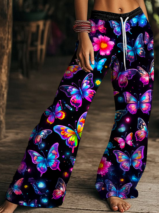 Vintage Colorful Hippie Psychedelic Butterfly Art Women's Drawstring Wide-Leg Pants