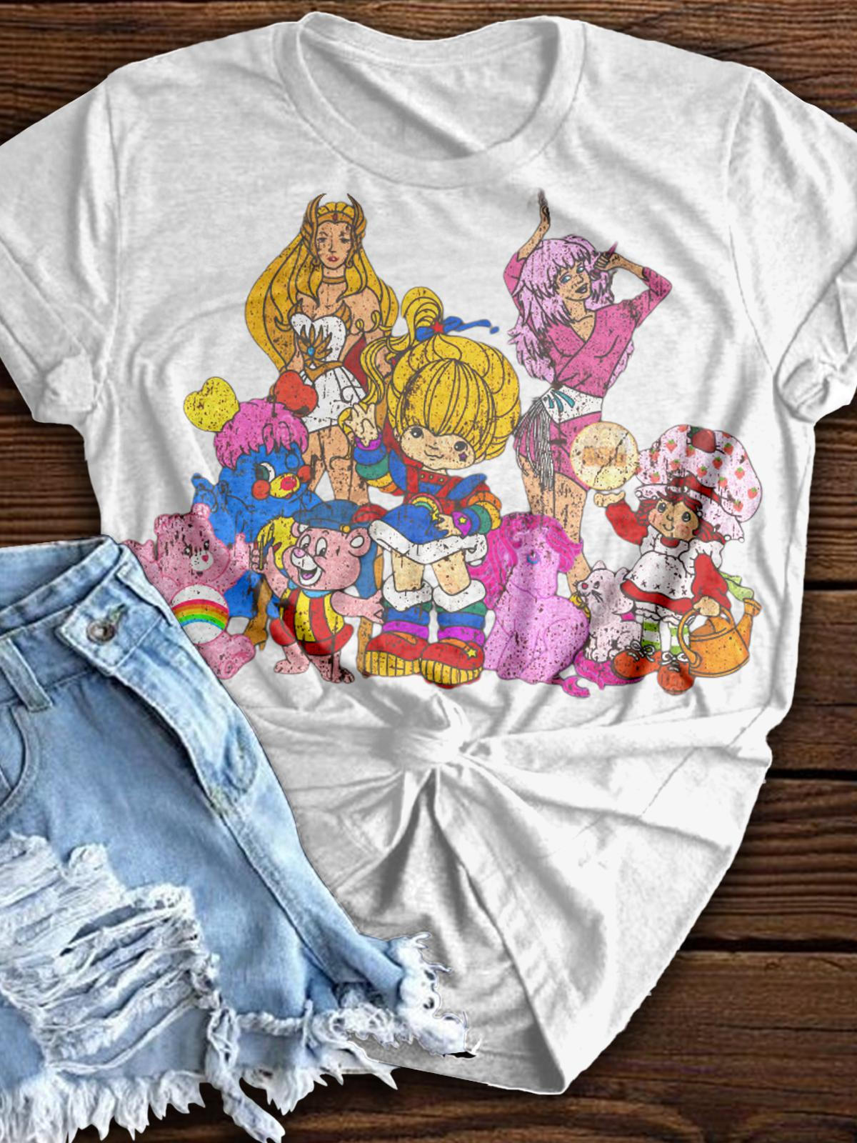 Vintage Anime Characters Pattern Crew Neck T-shirt
