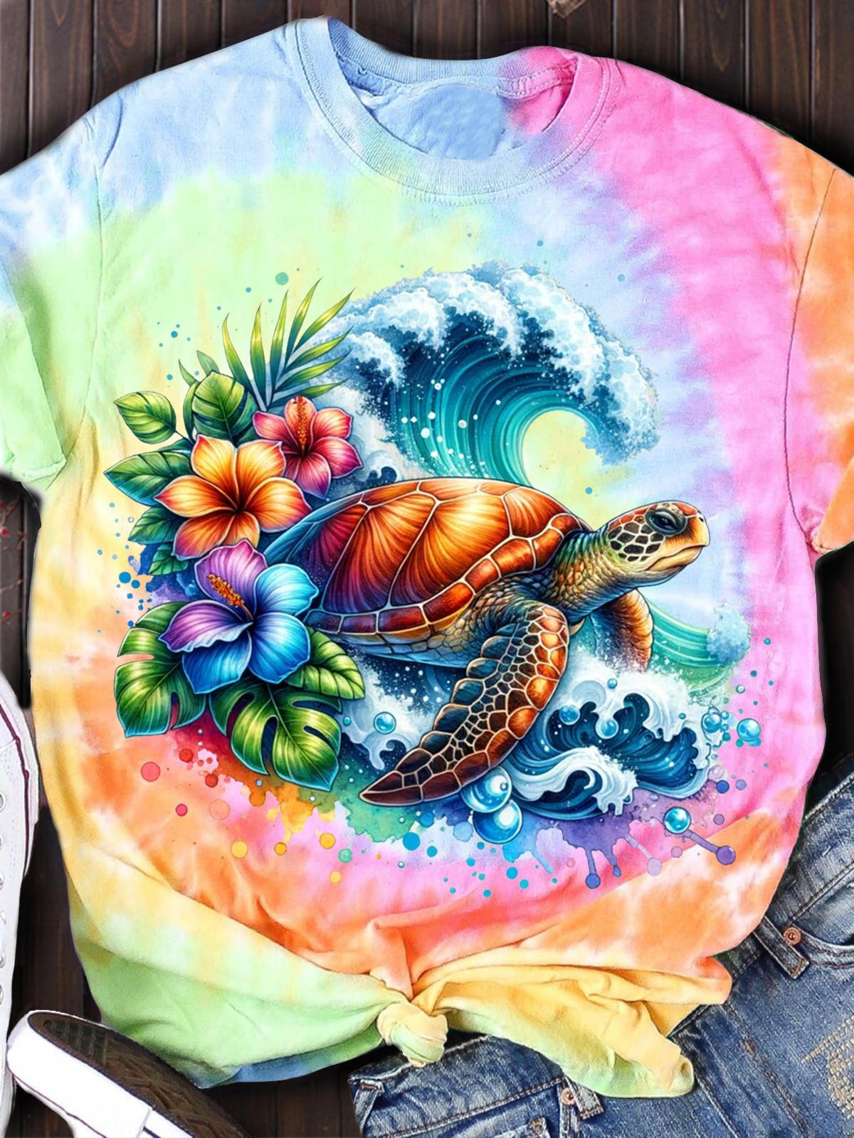 T-Shirt mit Rundhalsausschnitt und Batikmuster mit Meeresschildkröten-Print 