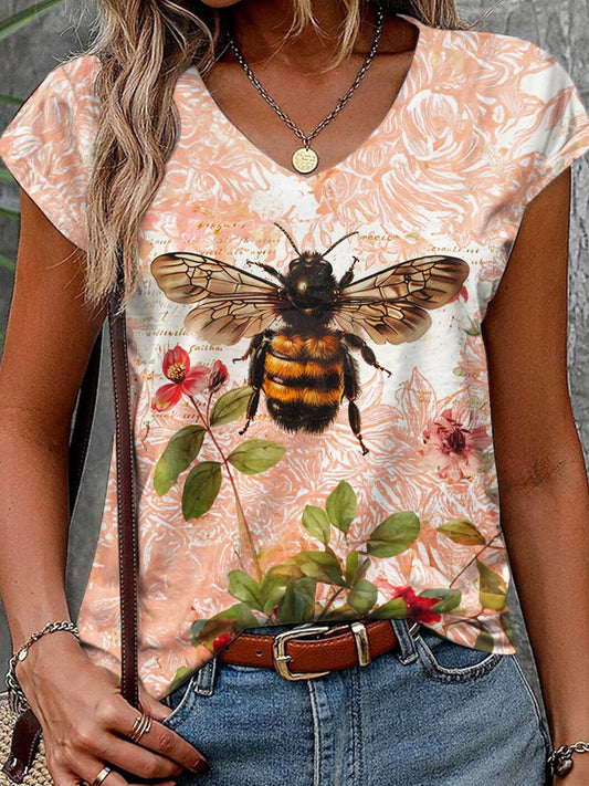 Women's Bee Print Casual V-Neck T-Shirt
