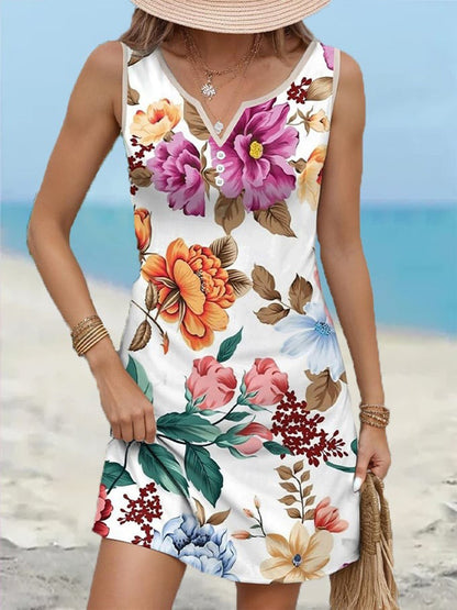 Flower Sleeveless V Neck Dress