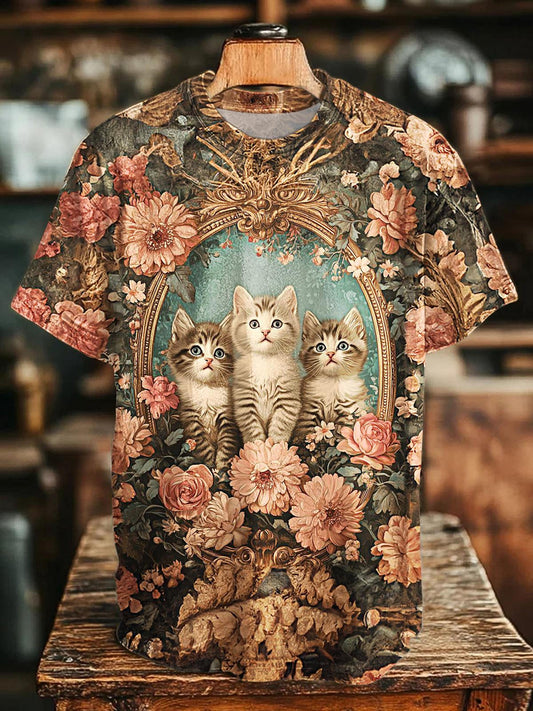 Retro Flowers And Cat Printed Crew Neck T-shirt
