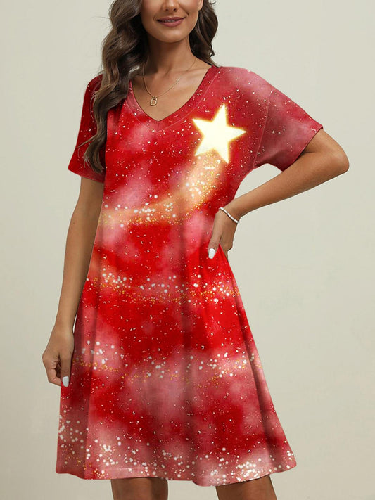 Christmas Star Snowflake Crew Neck Short Sleeve Dress