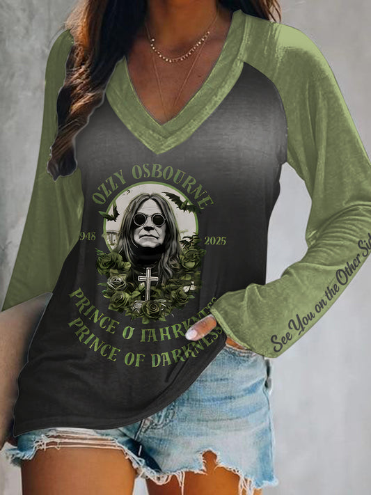 In Memory of Ozzy Osbourne Print V-Neck Long Sleeve Top