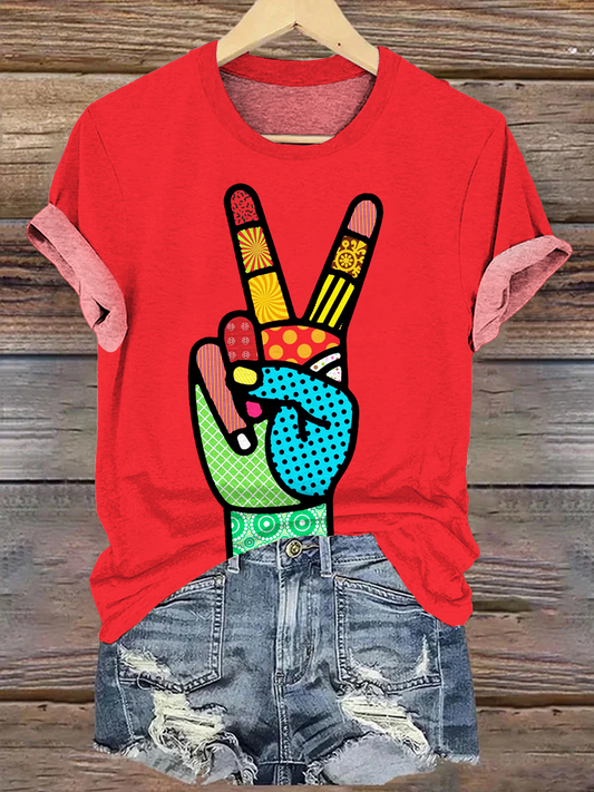 レトロヒッピーピースハンドクルーネックTシャツ