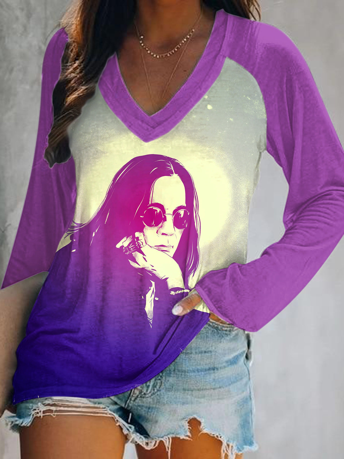 Ozzy Osbourne Print V-Neck Long Sleeve Top