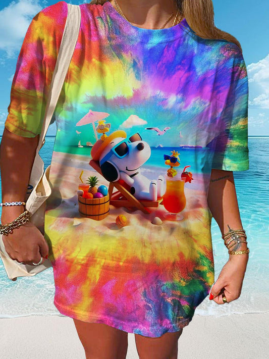 Vacation Tie-Dye Snoopy Print Crew Neck T-shirt