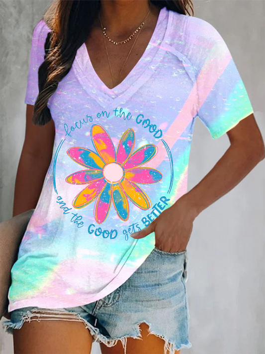 Focus On The Good Boho Hippie Short Sleeve V Neck Print Top