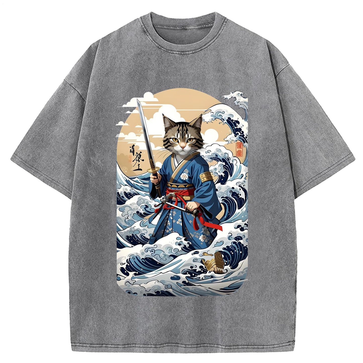日本のサムライキャットウォッシュクルーネックTシャツ