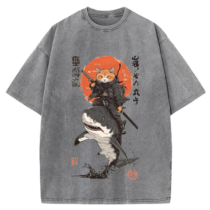 Japanese Frog Samurai Round Neck Washed T-Shirt