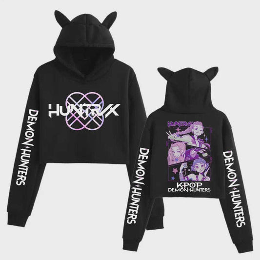 Kpop Demon Hunters Crop Tops Cat Ears Long Sleeve Hoodie