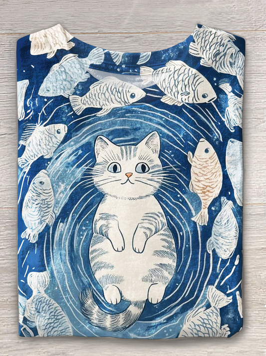 Fun Vintage Cat and Fish Art Crew Neck T-shirt
