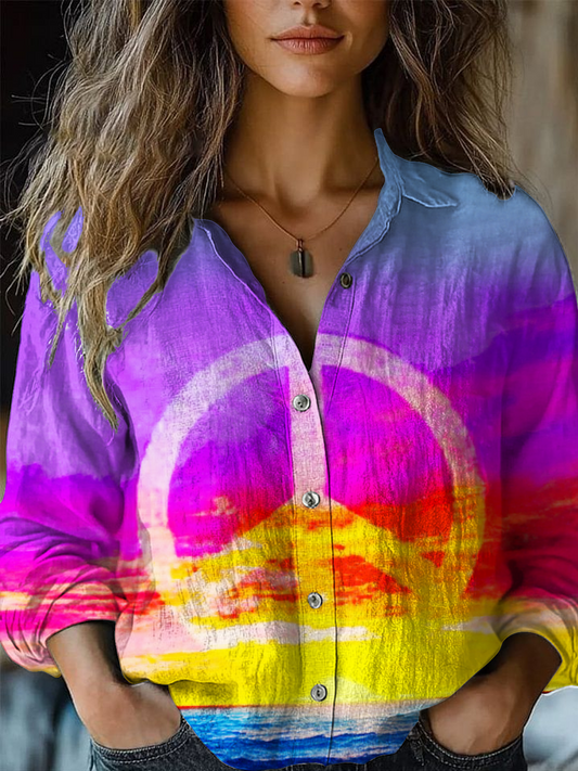 Gradient Sunset Hippie Peace Sign Women's Printed Casual Shirt
