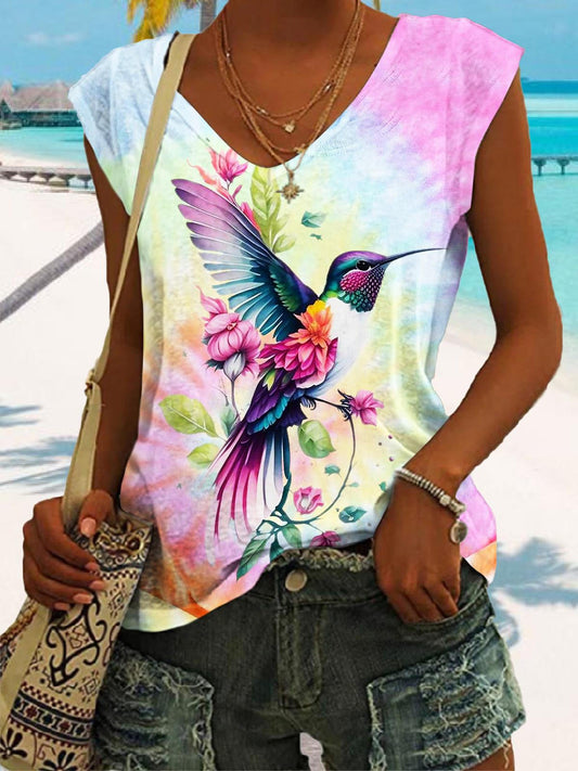 Women's Hummingbird Print Tie Dye Tank Top