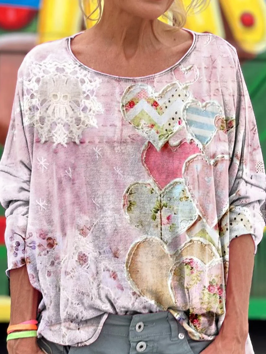 Vintage Heart Collage Art Dropped Shoulders Long Sleeves T-shirt