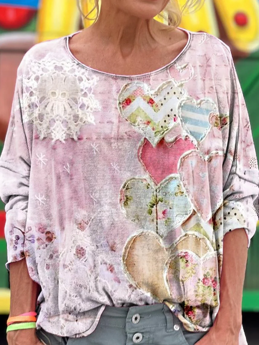 Vintage Heart Collage Art Dropped Shoulders Long Sleeves T-shirt