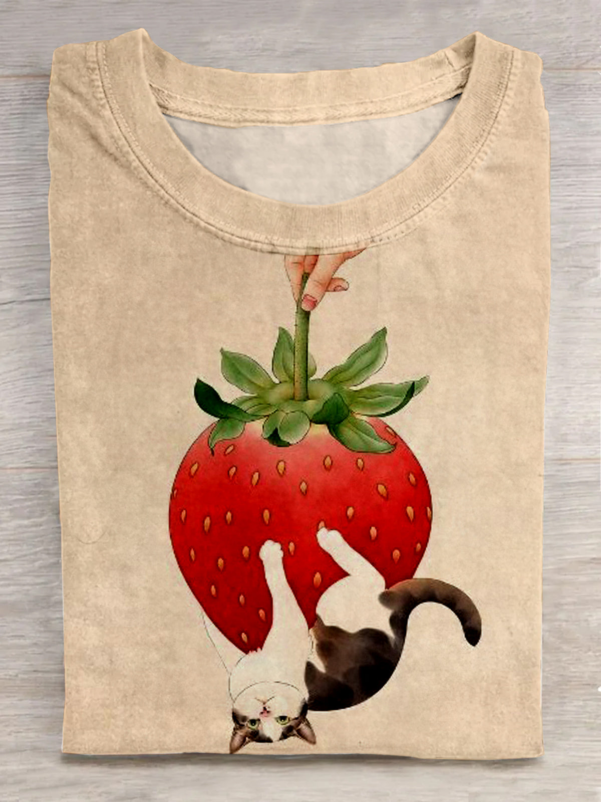 Woman's Funny Cat And Strawberry Crew Neck T-shirt
