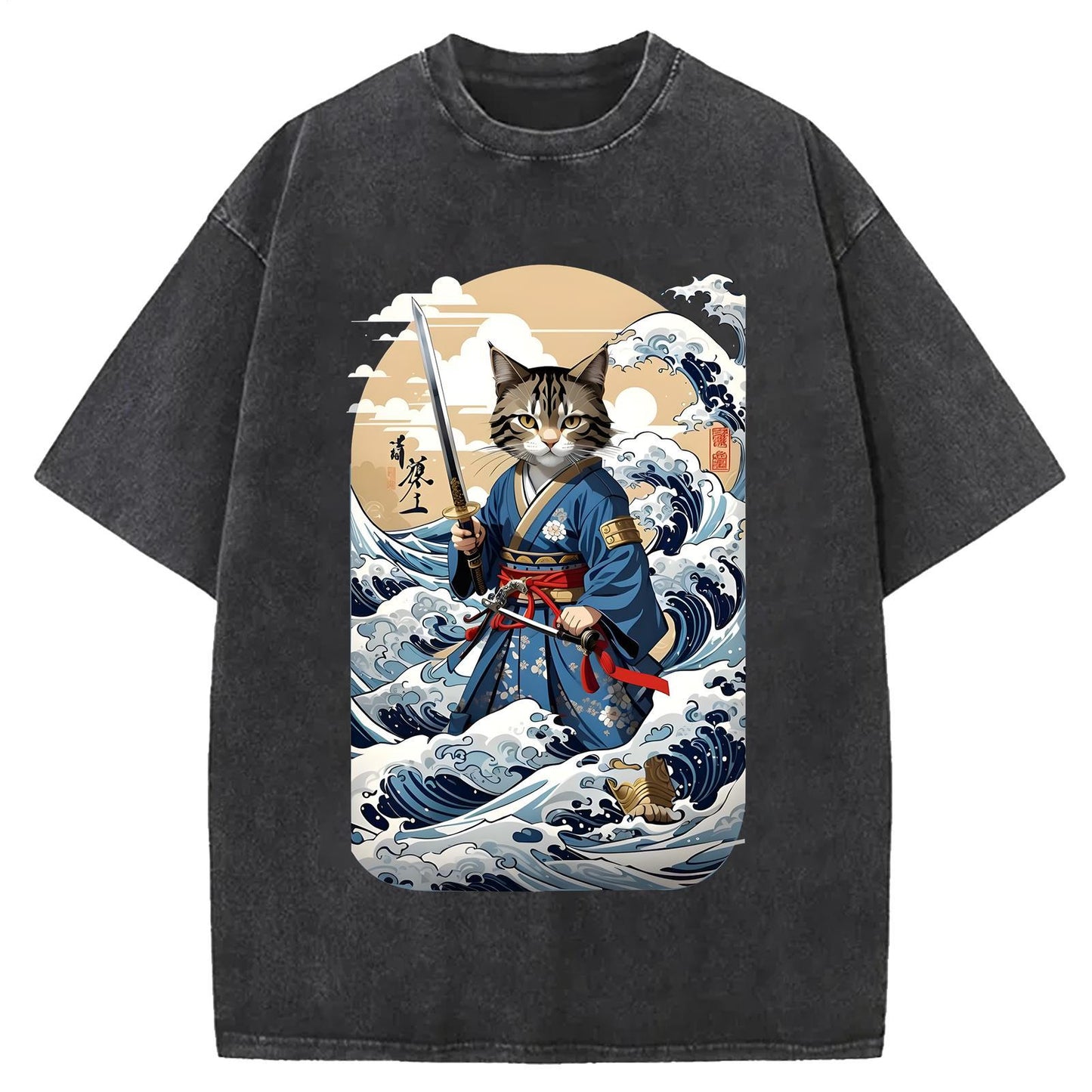 日本のサムライキャットウォッシュクルーネックTシャツ