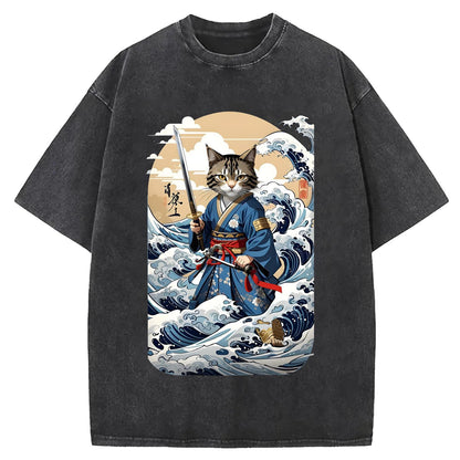 日本のサムライキャットウォッシュクルーネックTシャツ