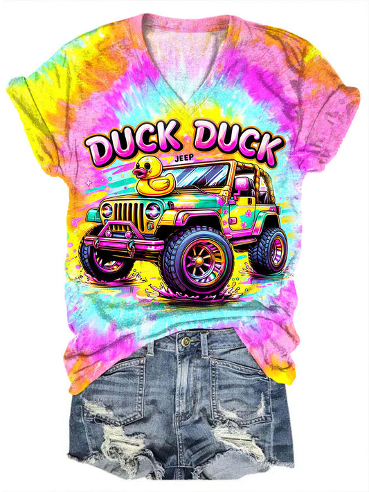 Kurzarm-T-Shirt mit V-Ausschnitt und Batikmuster und Enten-Print 