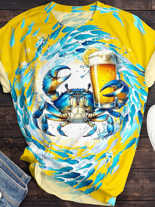 クリエイティブなカニプリントクルーネックTシャツ