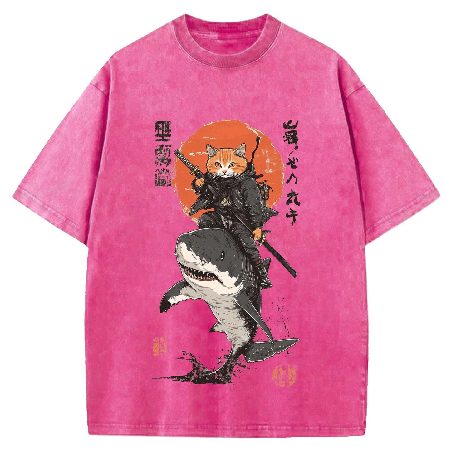Japanese Frog Samurai Round Neck Washed T-Shirt