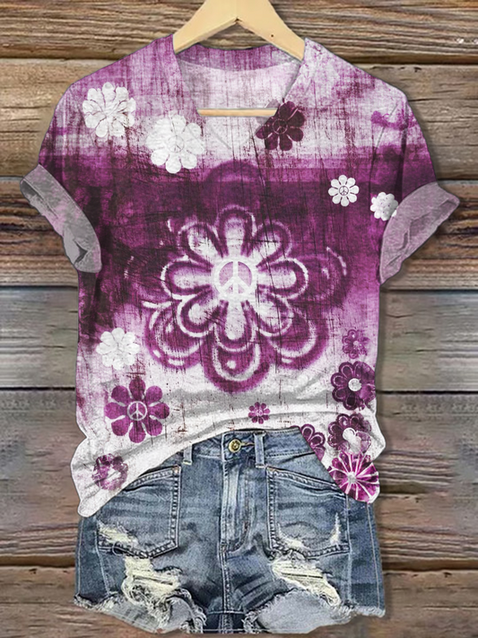 Retro Classic Floral Hippie V-neck T-Shirt