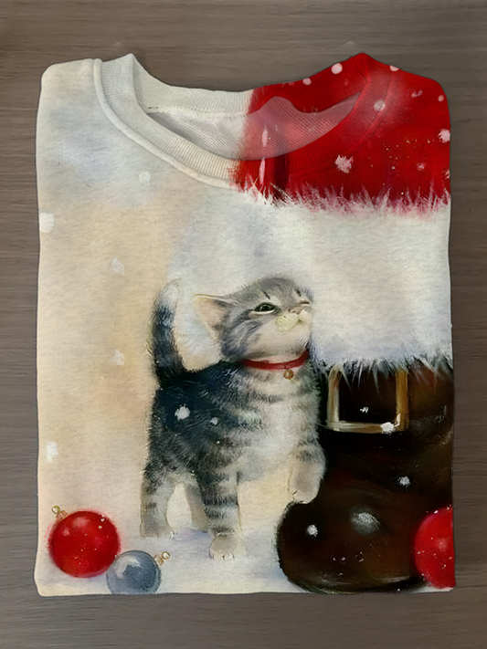 Cute Christmas Cat Printed Long Sleeve Casual Top