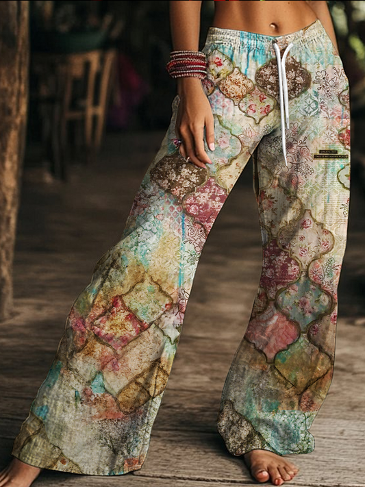 Vintage Bohemian Floral Art Women's Drawstring Wide-Leg Pants