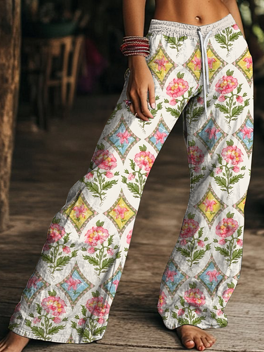 Retro Floral Art Women's Drawstring Wide-Leg Pants